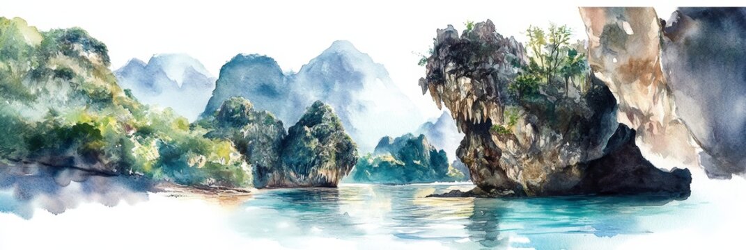 Watercolor Serenity: Phong Nha-Ke Bang Bay - Tranquil watercolor landscape depicting a serene bay, limestone karsts, lush greenery, reflecting sunlight, and calm waters. Symbolizing peace, nature