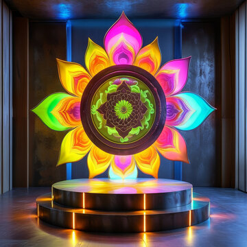 Navaratri product display background podium, Navadurga Lightscape, metal and acrylic, Navadurga goddesses, illuminated lotus design, spiritual meaning, ad, podium platform, product presentation space