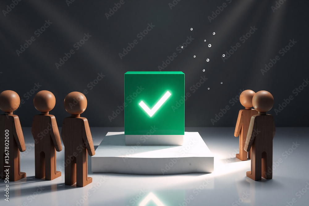 Poster a group of figures observes a glowing green cube with a checkmark symbol on a platform. small light 