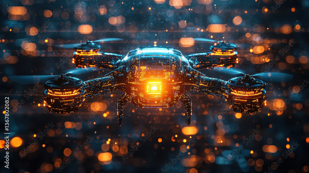 Poster high-tech digital drone equipped with cyber weaponry and protective shields in a futuristic setting