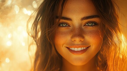 Portrait of beautiful woman with green eyes and freckles glowing in golden light close up face shot