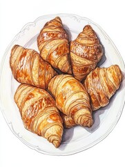 Watercolor Seven Golden Brown Croissants on a Plate - A delightful watercolor painting of seven golden-brown croissants arranged on a white plate. Symbolizing warmth, comfort, indulgence, artistry