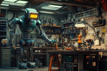 Robot working in a vintage workshop surrounded by tools and gadgets in a creative environment