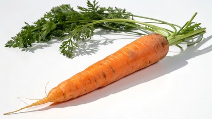 Fresh Organic Carrot with Green Tops on a White Background, Healthy Farm Produce  
