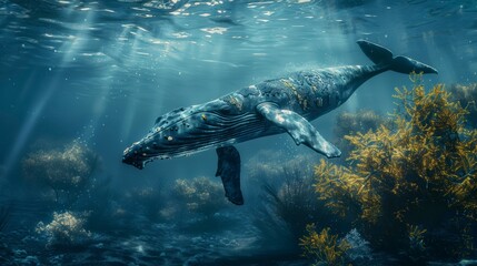 Naklejka premium Humpback whale gracefully swimming through vibrant underwater vegetation in ocean depths