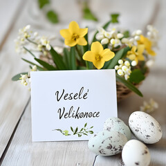 vesele velikonoce! easter greetings in czech languague on simple, rustic, environmentally friendly background