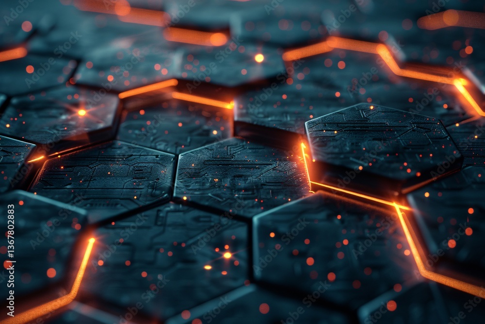 Poster Hexagonal pattern with glowing orange lights on abstract background