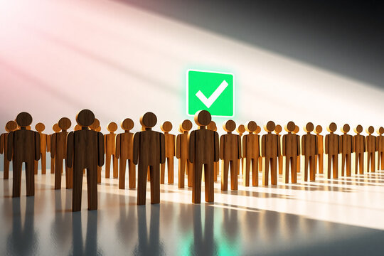 A group of numerous people figures are arranged in rows, all facing the same direction. A green check mark symbol stands prominently in the background, brightly lit.