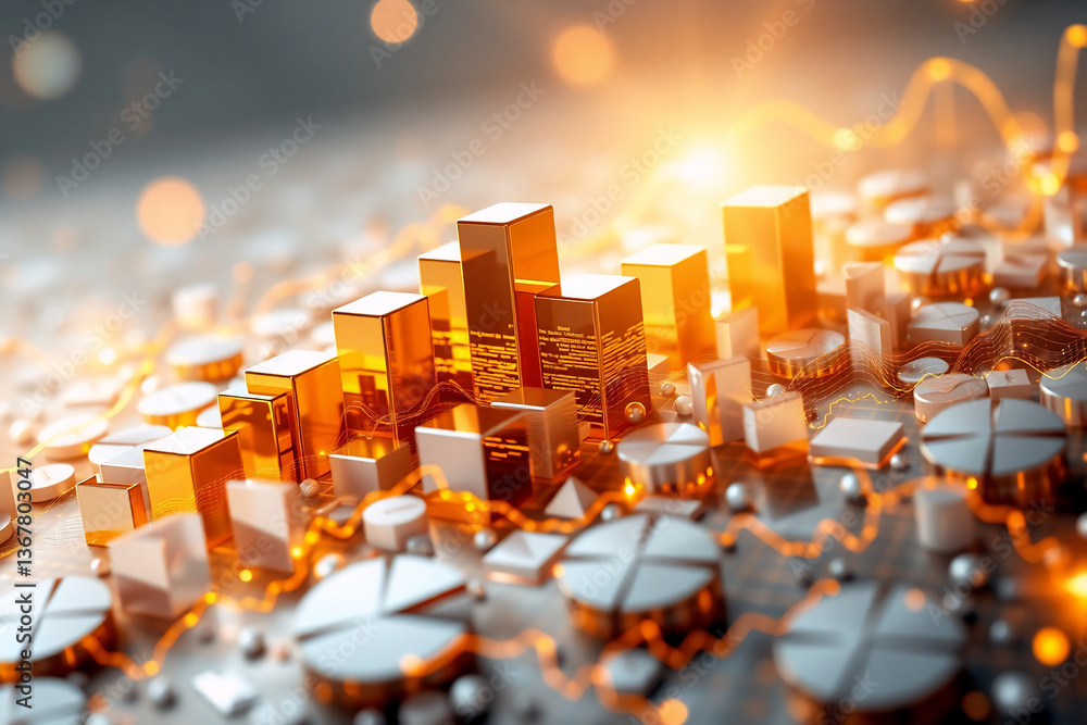Poster abstract golden blocks and circles form a stylized cityscape with a glowing line graph in the backgr