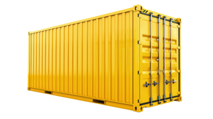 Yellow shipping container standing on transparent background