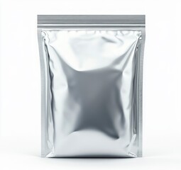 Shiny Silver Food Pouch Package Mockup with Zipper on White Background