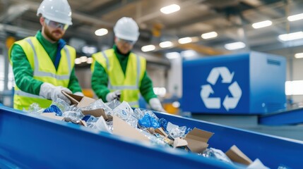 Workers at a recycling facility sort materials, promoting sustainability and efficient waste management practices for a cleaner environment, Green Technology.