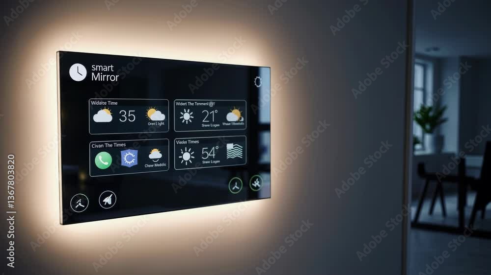 Poster futuristic smart mirror interface: interactive weather and home control display