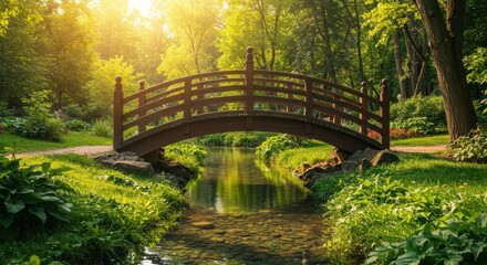 A wooden bridge spans a serene stream in a city park, surrounded by lush greenery, dappled sunlight filtering through trees creating a peaceful atmosphere