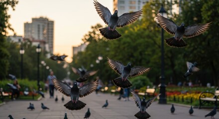 A group of pigeons takes flight over a city park bathed in morning light, creating a lively scene of nature and urban life