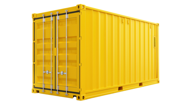 Yellow shipping container on transparent background: logistics and freight transportation