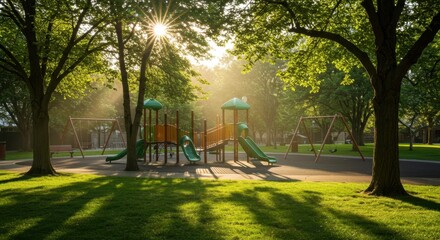 A vibrant public space featuring lush green trees and a playground with slides and swings, illuminated by gentle sunlight filtering through the leaves