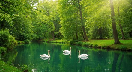 A peaceful green park features a serene pond where elegant swans swim gracefully under dappled sunlight surrounded by lush trees