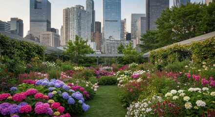 A picturesque botanical garden blooms vibrantly amidst a sleek city skyline, showcasing colorful flowers and lush greenery in an urban oasis
