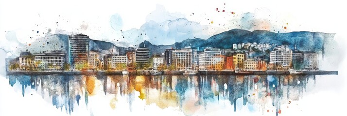 Fototapeta premium Oslo Waterfront Watercolor Panorama - Serene Oslo cityscape, watercolor , reflecting city buildings, tranquil water, majestic mountains. Symbolizes urban beauty, tranquility, reflection