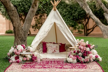 Romantic Teepee Setting Outdoor Bohemian Relaxation Scene. A whimsical teepee adorned with lace and surrounded by lush floral arrangements creates a dreamy, romantic atmosphere.