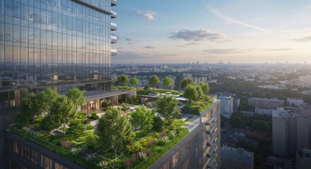A modern high-rise building features a lush rooftop park, offering stunning views of the city skyline and green spaces for relaxation and enjoyment