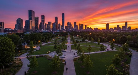 A scenic sunset casts vibrant colors over a beautifully landscaped urban park, with city skyscrapers silhouetted against the sky
