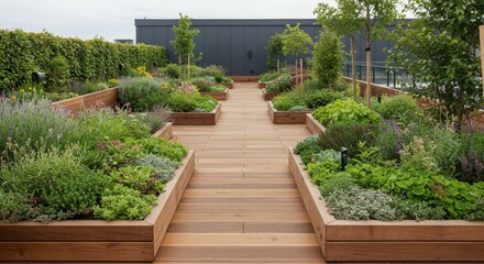 A modern rooftop garden featuring wooden pathways surrounded by diverse greenery and vibrant plants, creating a serene urban oasis