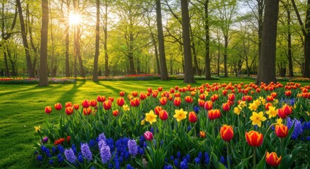 A sunny spring day in a green park showcases vibrant flowers blooming amid tall trees, casting gentle shadows on the lush grass