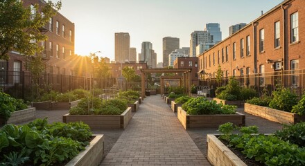 A thriving community garden captures the essence of urban green space, featuring raised beds and city buildings bathed in warm sunlight
