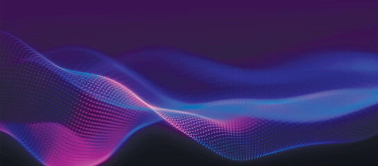 Abstract background with dynamic color wave. Futuristic dotted wave of bright particles. Colorful background for presentation design. Wide format vector illustration. Weave effect.