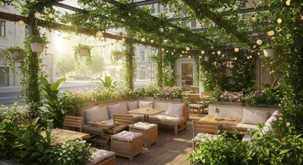 A cozy outdoor cafÃ© filled with lush plants and hanging vines, creating a warm and inviting atmosphere in an urban setting