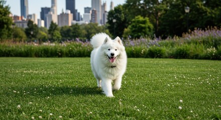 A friendly dog running through a lush green field in an urban park, showcasing joy and vitality against a backdrop of city skyline