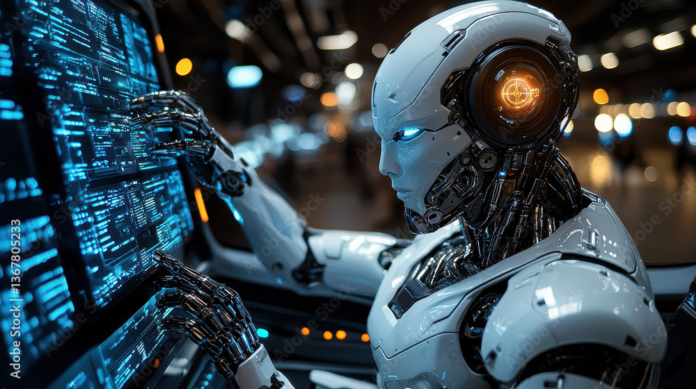 Aufkleber humanoid robot with advanced cybernetic arm wielding a glowing weapon in a high-tech environment ami