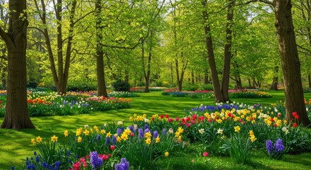 A sunny spring day in a lush green park filled with vibrant flowers and tall trees swaying gently in the breeze