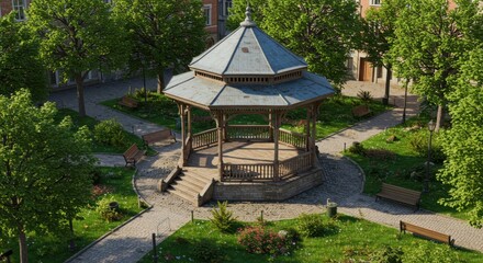 A historic gazebo surrounded by lush greenery in a vibrant city plaza, inviting relaxation and social gatherings in a tranquil environment