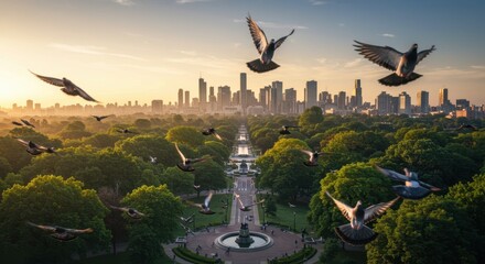 a group of pigeons flies over a city park bathed in morning light, showcasing urban nature and the beauty of dawn