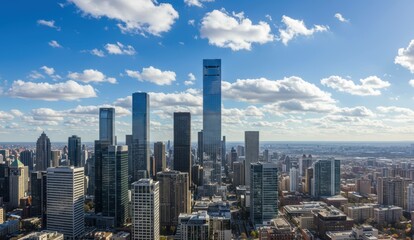 Obraz premium Modern skyscrapers in Chicago create a vibrant urban environment showcasing business, tourism, and sustainability themes.