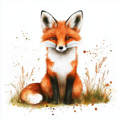 Fototapeta premium Watercolor illustration of a fox sitting foxes isolated on a white background