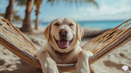 Happy Labrador Dog Relaxing in a Beach Hammock