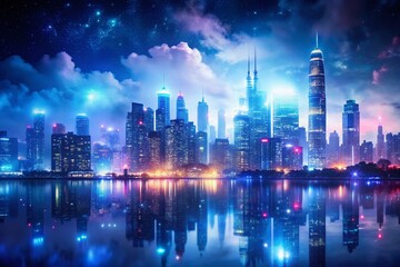 Fototapeta premium Midnight Cityscape Double Exposure: Dreamy Urban Night Scene