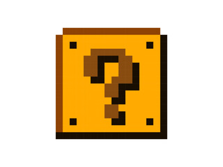 Question mark icon. Pixel art video game element. 