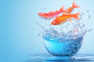 Vibrant Fish Leaping into a Glass Bowl - Two orange fish jump into a clear glass bowl filled with water, symbolizing energy, freedom, growth, renewal, and a fresh start