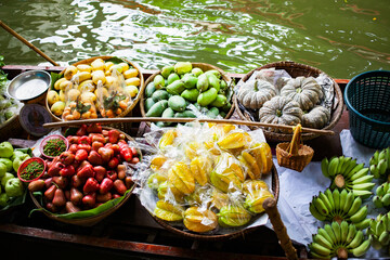 Top view of boat full of fresh fruits on sale, Floating Market, Bangkok, Thailand