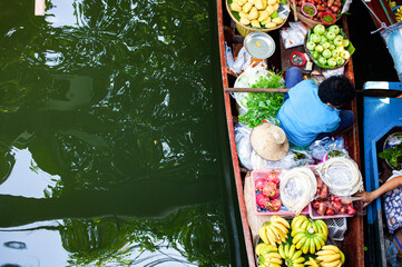 Top view of boat full of fresh fruits on sale, Floating Market, Bangkok, Thailand
