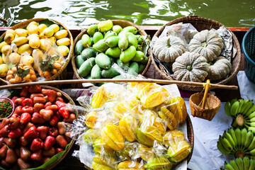 Top view of boat full of fresh fruits on sale, Floating Market, Bangkok, Thailand