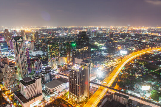 Aerial night view of Bangkok City skyscrapers, Bangkok, Thailand
