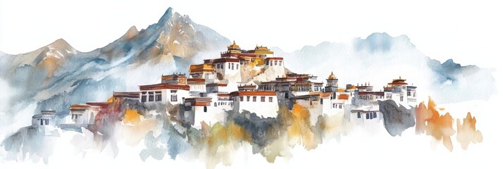 Watercolor Ladakh: Himalayan Monastery in the Clouds - Serene watercolor painting of a Himalayan monastery nestled in mountains, symbolizing peace, spirituality, isolation, resilience