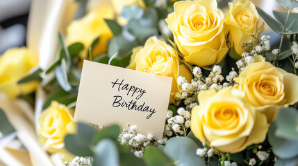 鮮やかな黄色いバラとユーカリの葉が彩る誕生日フラワーギフト | 明るい祝福