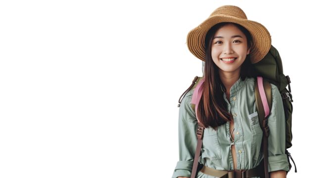 Journey of Exploration: Captivating traveler, wearing a hat, backpack and trekking gears, radiating positivity and anticipation, prepares to embark on a captivating adventure.